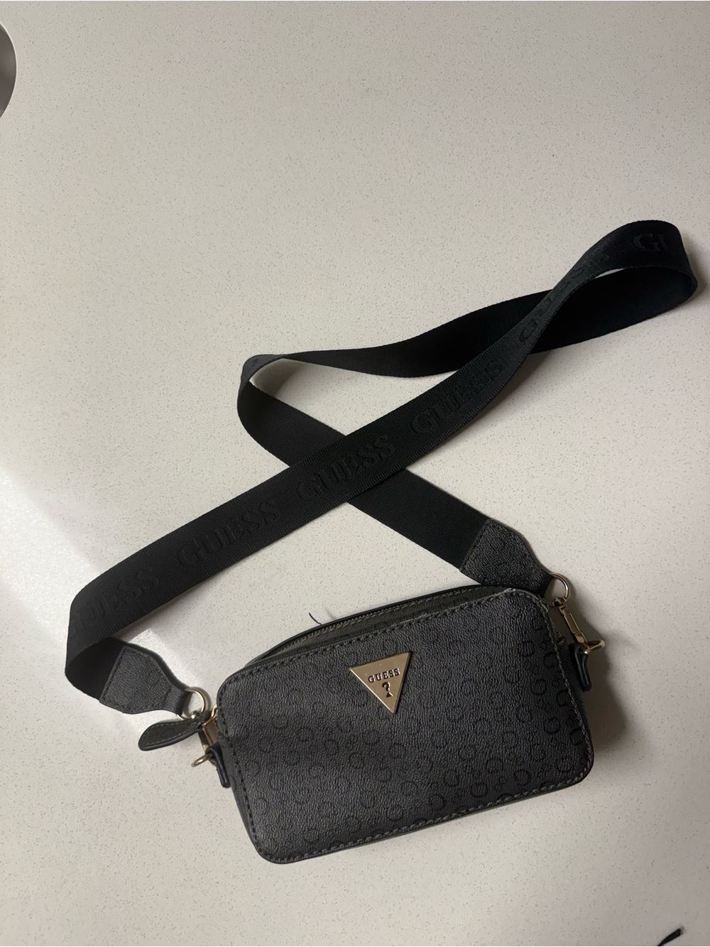 GUESS Black Logo Monogram Crossbody Bag with Wide Logo Strap